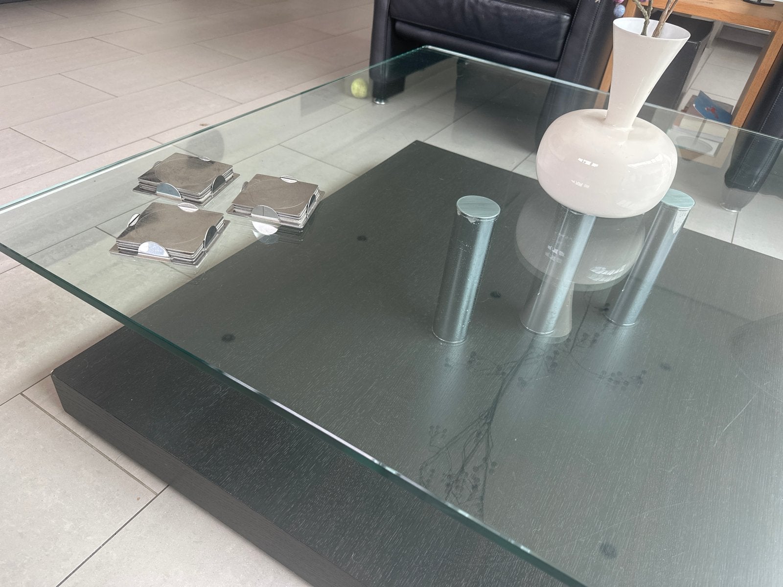 Rolf Benz Salontafel 100x100 cm - Glas en Hout, Ophalen, Gebruikt, 100 tot 150 cm, Vierkant