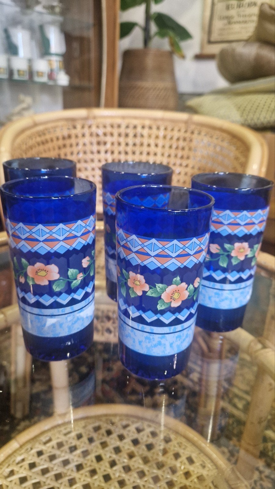 Set van 5 vintage blauwe limonadeglazen met bloemmotief, Ophalen of Verzenden
