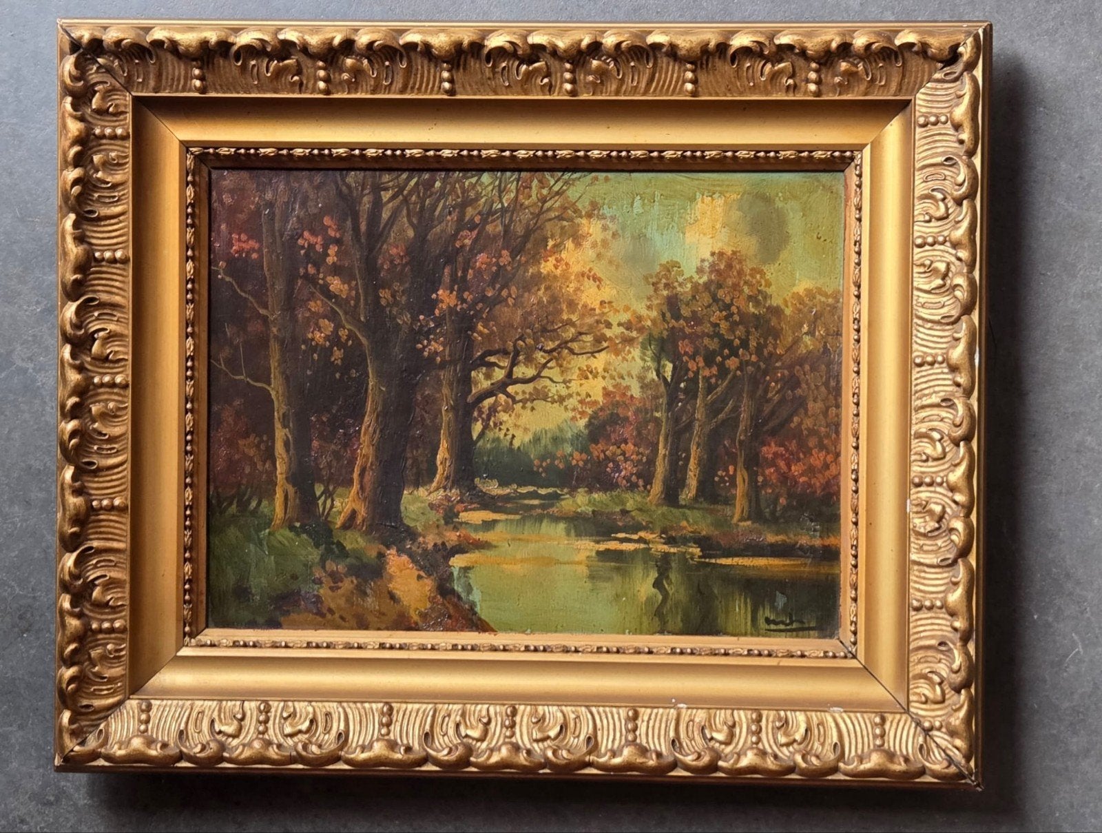Mooi oud schilderij paneel gouden lijst landschap gesigneerd, Ophalen of Verzenden