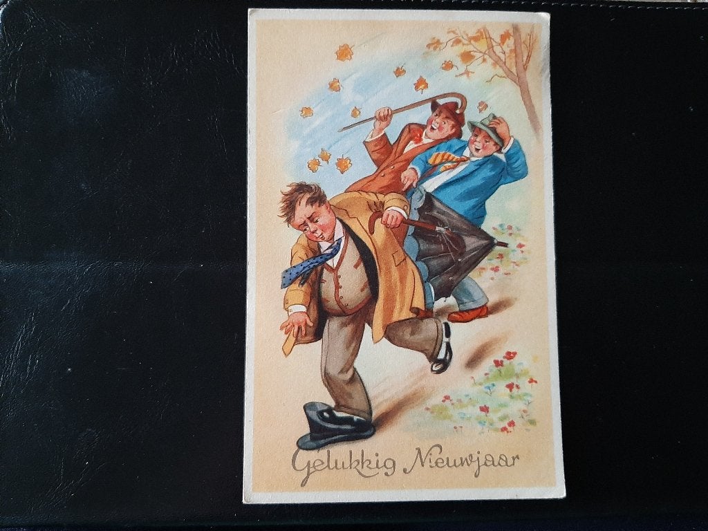 Heren met paraplu/stok, in de wind, gelopen, Leerbroek 1951., Verzamelen, Verzenden, 1940 tot 1960, Gelopen
