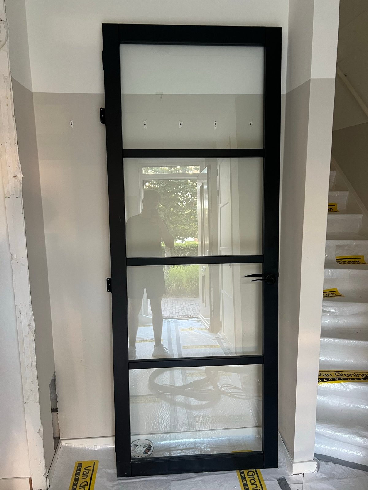 Houten binnendeur met glas, zwarte stalen look, Ophalen, 80 tot 100 cm, 215 cm of meer, Binnendeur