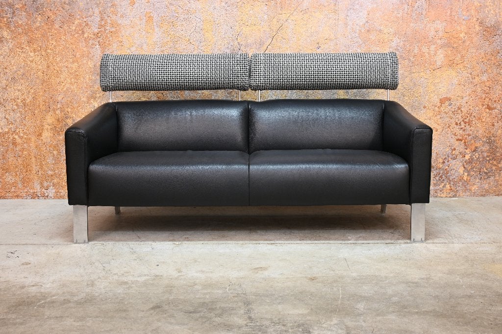 ZGAN 2 zwarte leren Leolux Patachou design banken, Leolux, Leolux, 150 tot 200 cm, Driepersoons