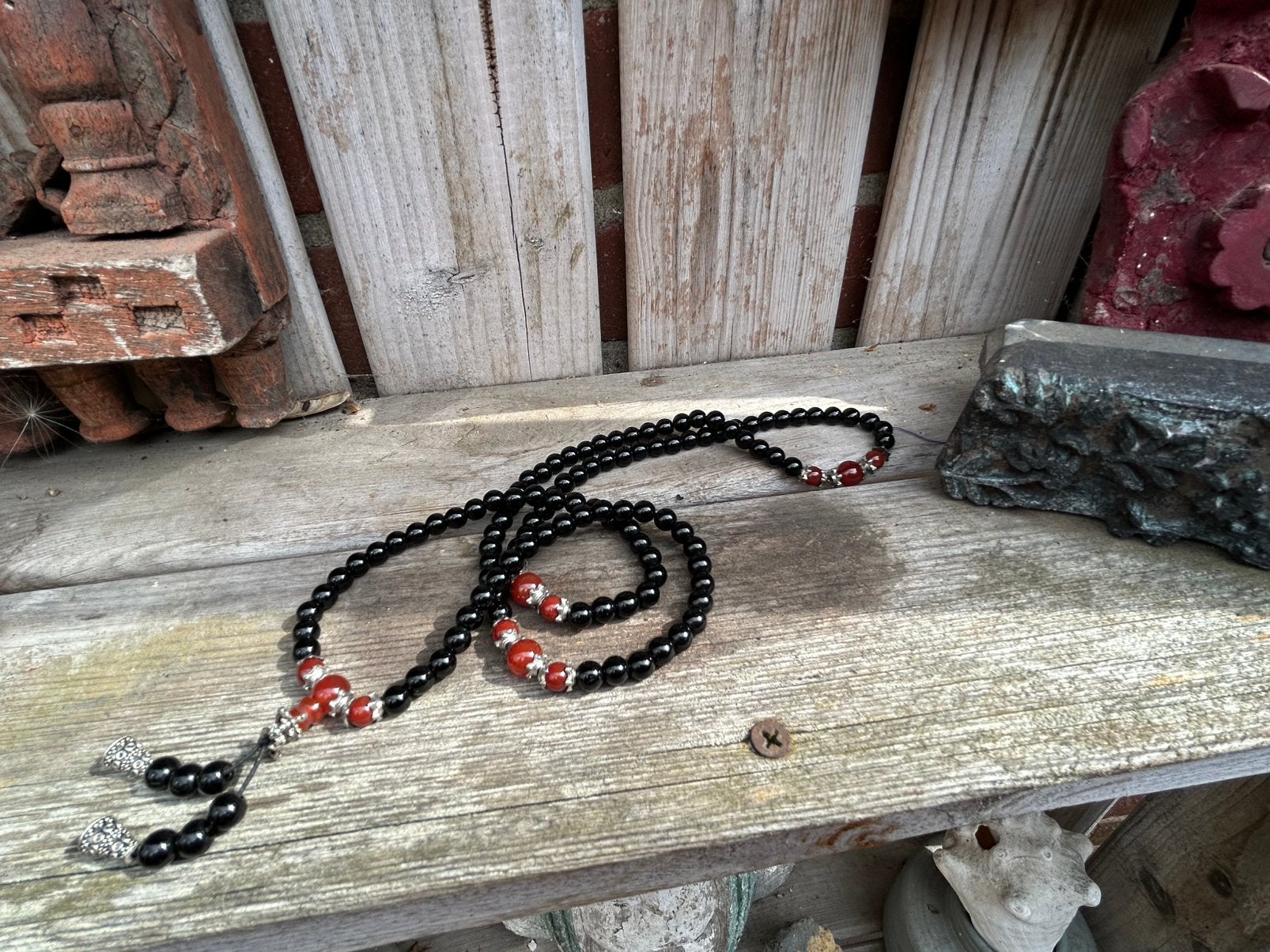 Prachtige obsidiaan Mala versierd met Agaat., Sieraden, Tassen en Uiterlijk, Kettingen, Zwart, Nieuw, Ophalen of Verzenden, Steen of Mineraal