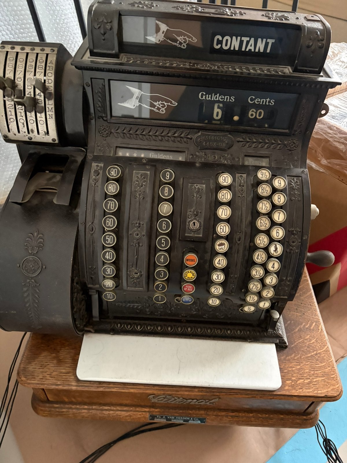 Antieke National kassa (model 445) met eiken lade, werkend, Ophalen