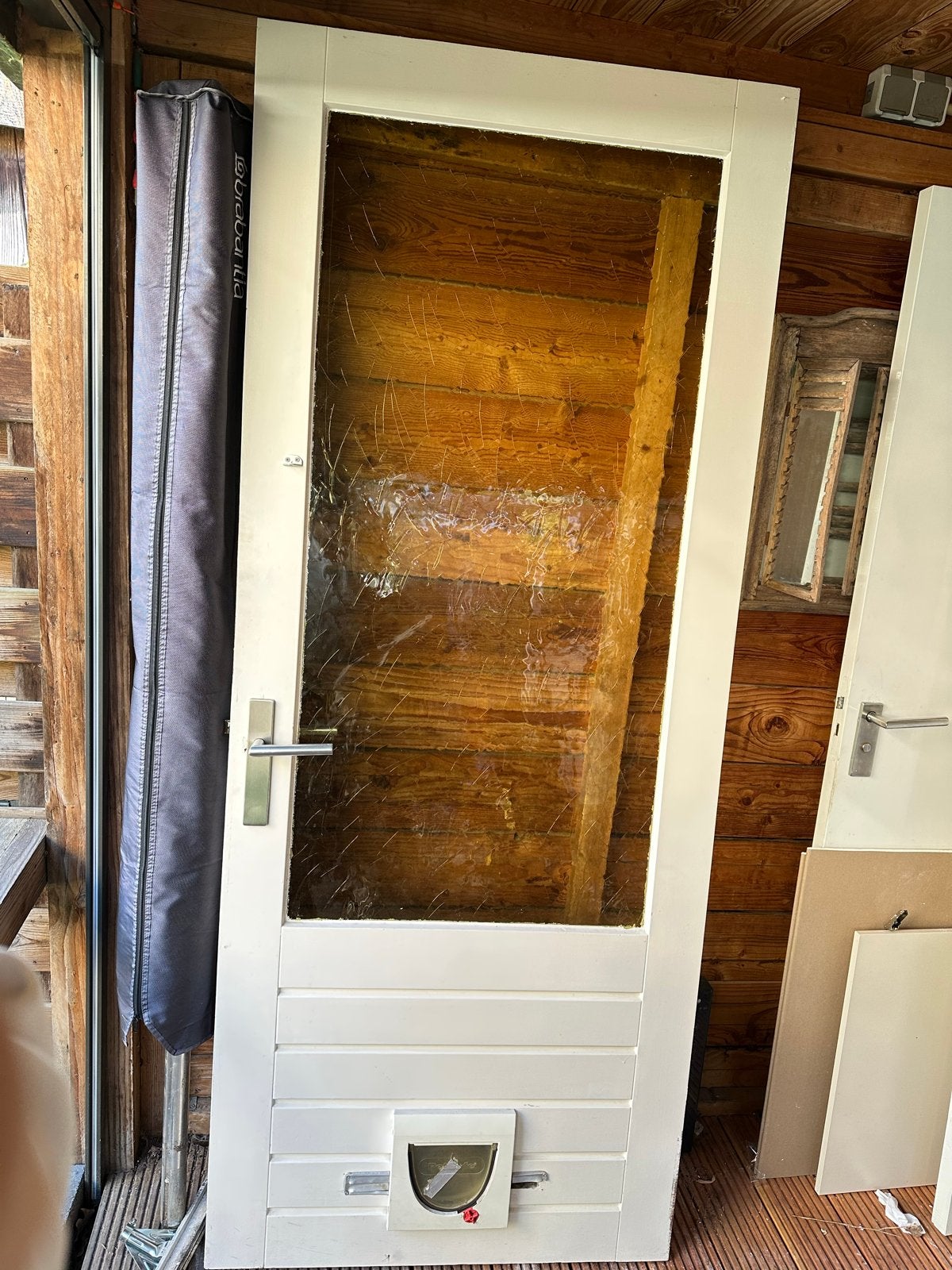 Deur met gekleurd glas en kattenluik, Ophalen, Gebruikt, Binnendeur, 200 tot 215 cm