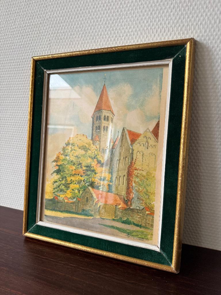 Vintage Lijst, Goud en Groen Velours met Prent van Clervaux, Gebruikt, Ophalen of Verzenden, 1940 tot 1960, Prent