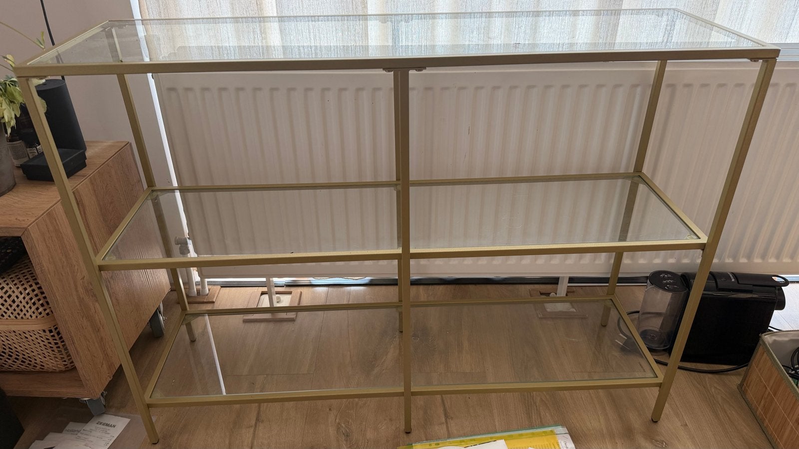 Gouden console tafel met glazen planken, Ophalen of Verzenden, Gebruikt