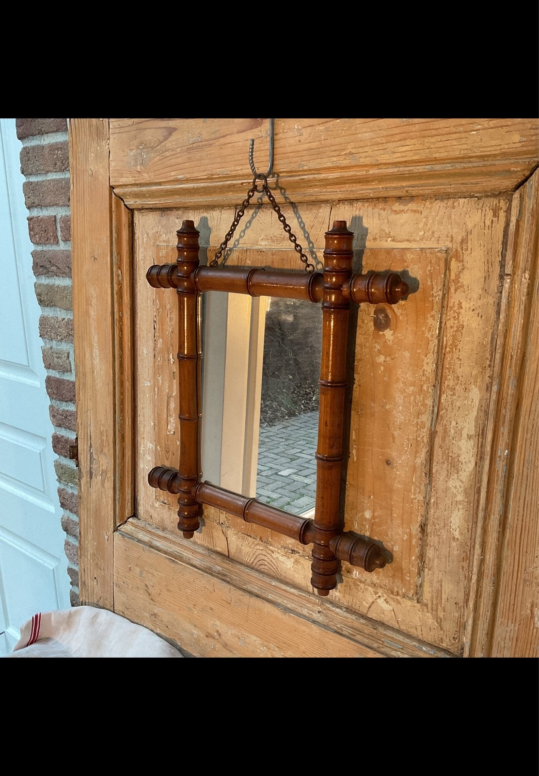 Antieke spiegel in bamboe-stijl, hout Frans, ca1900, goed!, Antiek en Kunst, Ophalen of Verzenden