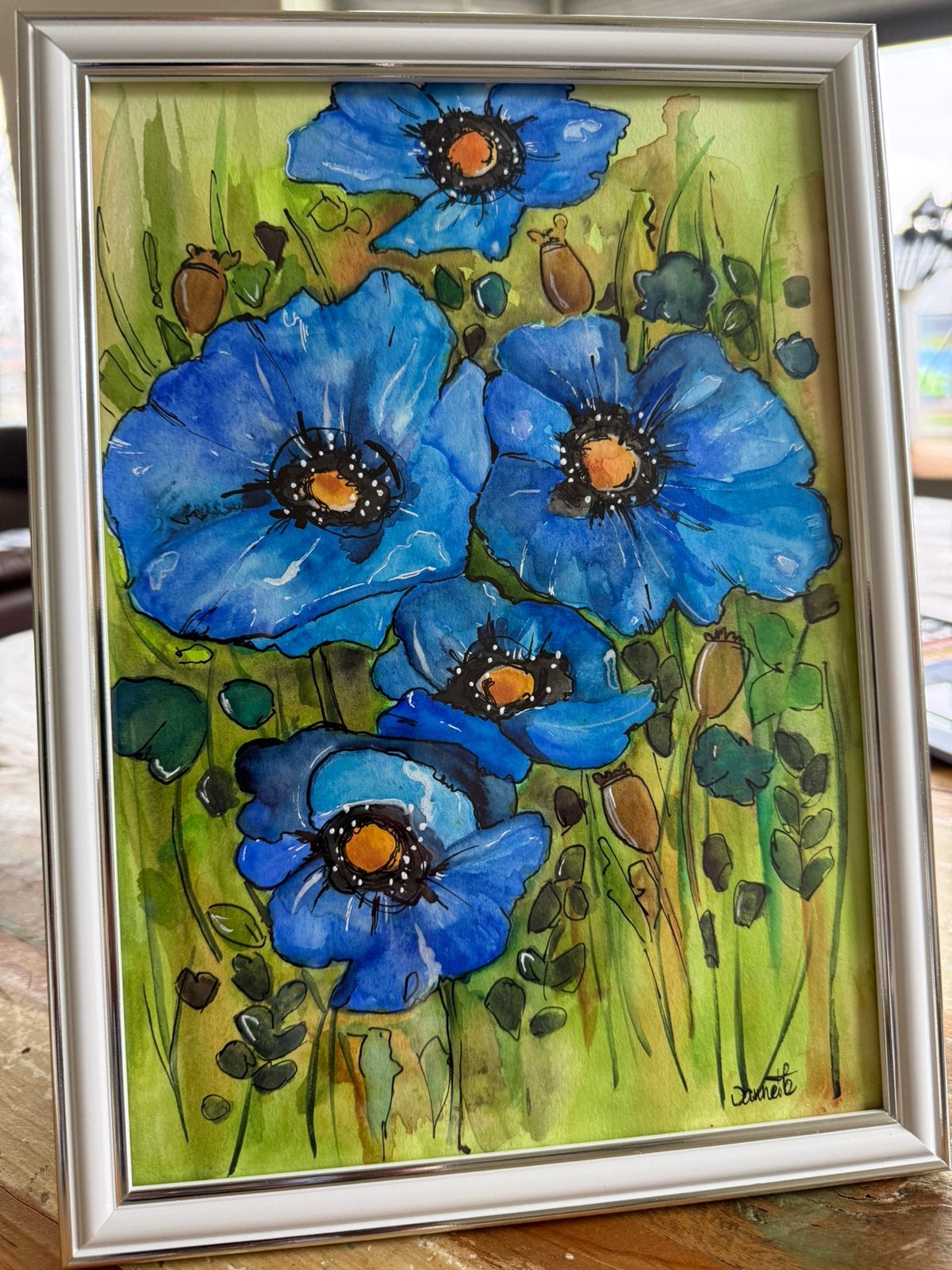 Bloemen aquarel Blauwe Klaprozen, Verzenden, Gesigneerd, Aquarel, Bloemen