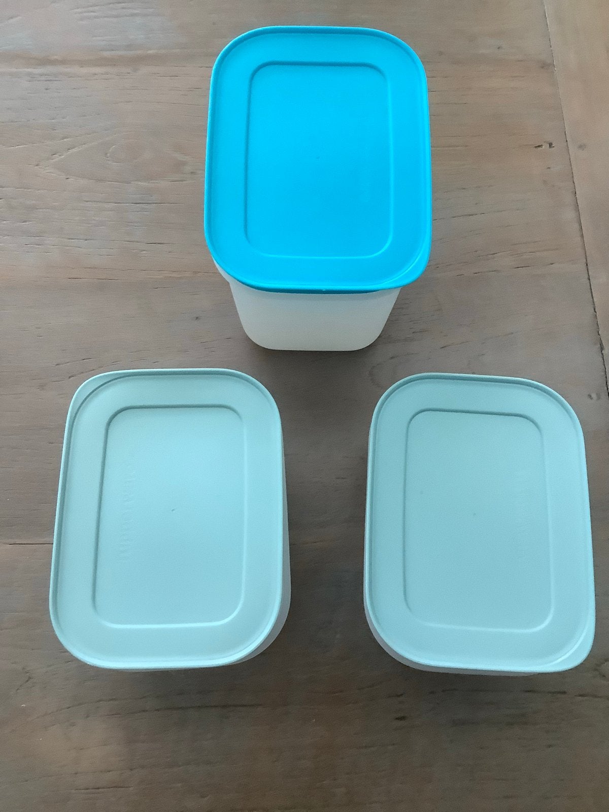 Tupperware bewaardozen met deksel - 3 stuks, Gebruikt, Bewaardoos, Blauw, Ophalen of Verzenden