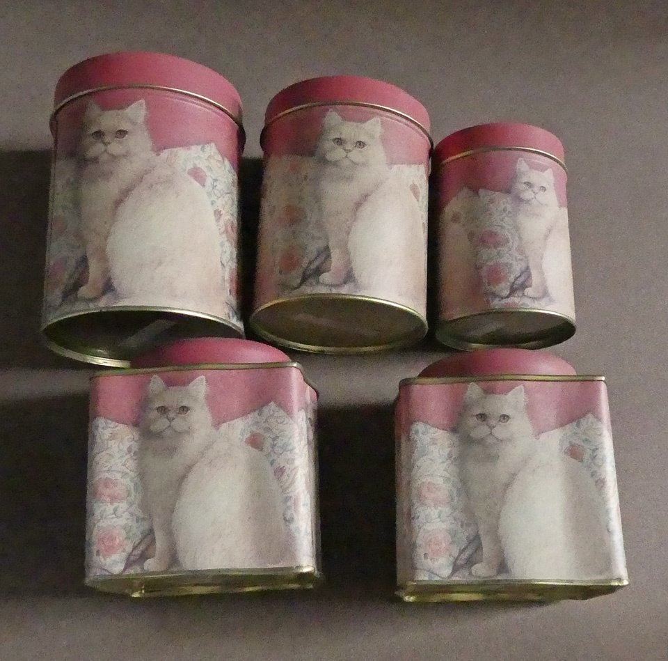 Katten blikken vintage kattenblik set poes kat trommel blik, Verzamelen, Blikken, Ophalen of Verzenden, Gebruikt, Overige