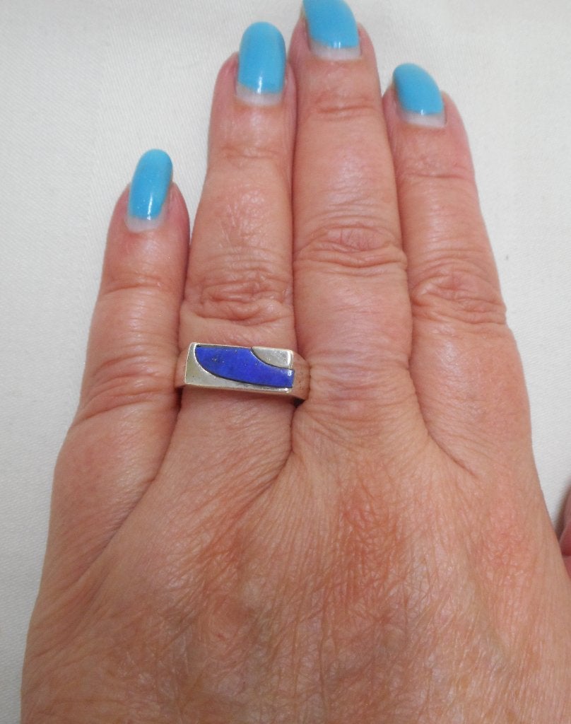 Zilveren vintage ring met lapis lazuli maat 19.5 nr.1274, Gebruikt, Verzenden, 19 tot 20, Dame of Heer