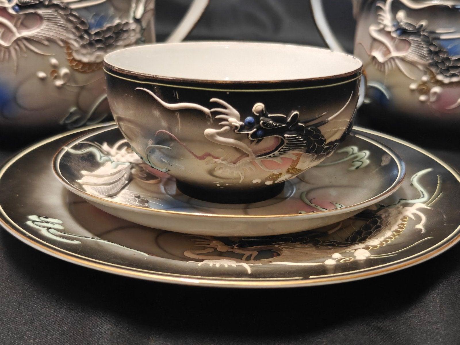 Vintage Japanse Draken Theeset - Zwart met Goudaccenten, Ophalen