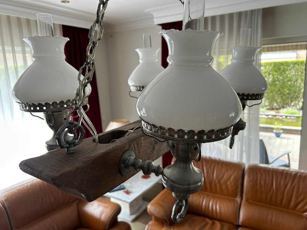 Tinnen Hanglamp. Luchter z.g.a.n.handgemaakt .4 lampen 0206, Ophalen, 50 tot 75 cm, Klassiek -Modern, Zo goed als nieuw