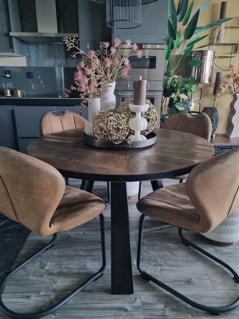 Ronde houten eettafel met stalen frame - 120cm, Huis en Inrichting, Tafels | Eettafels, Gebruikt, 100 tot 150 cm, Vier personen