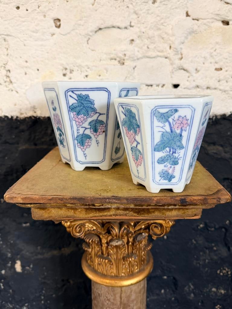 Set 2 vintage chinese bloempotten taps toelopend zeshoekig, Tuin en Terras, Bloempotten, Gebruikt, Binnen, Ophalen of Verzenden