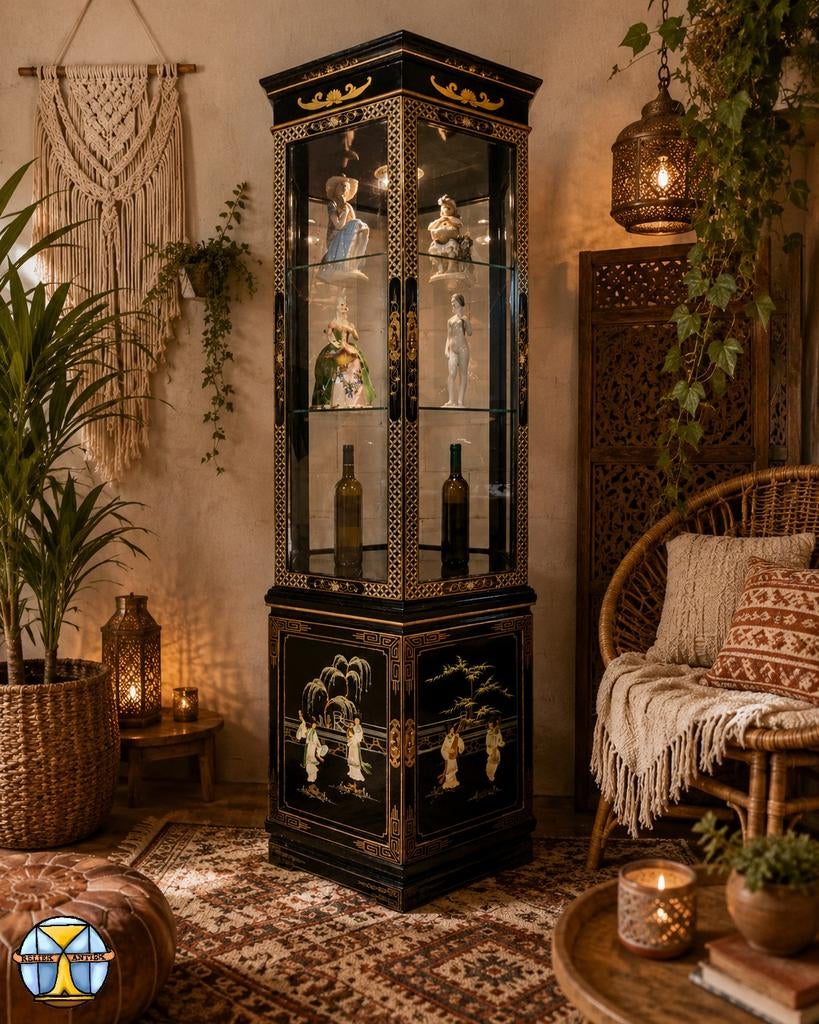 Vintage Chinese Vitrinekast / bohemian lakkast (speksteen), Vintage / Chinees / Aziatisch / bohemian / oosters, Met deur(en), Glas