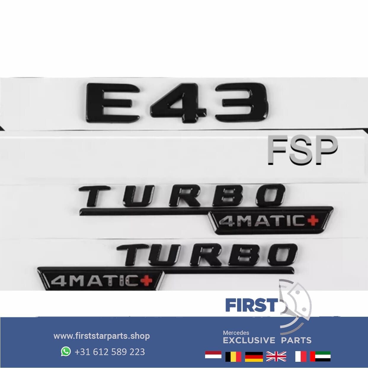W213 C238 A238 E43 TURBO 4MATIC+ LOGO SET ZWART E43 AMG Klas, Gebruikt, -, Ophalen of Verzenden, -