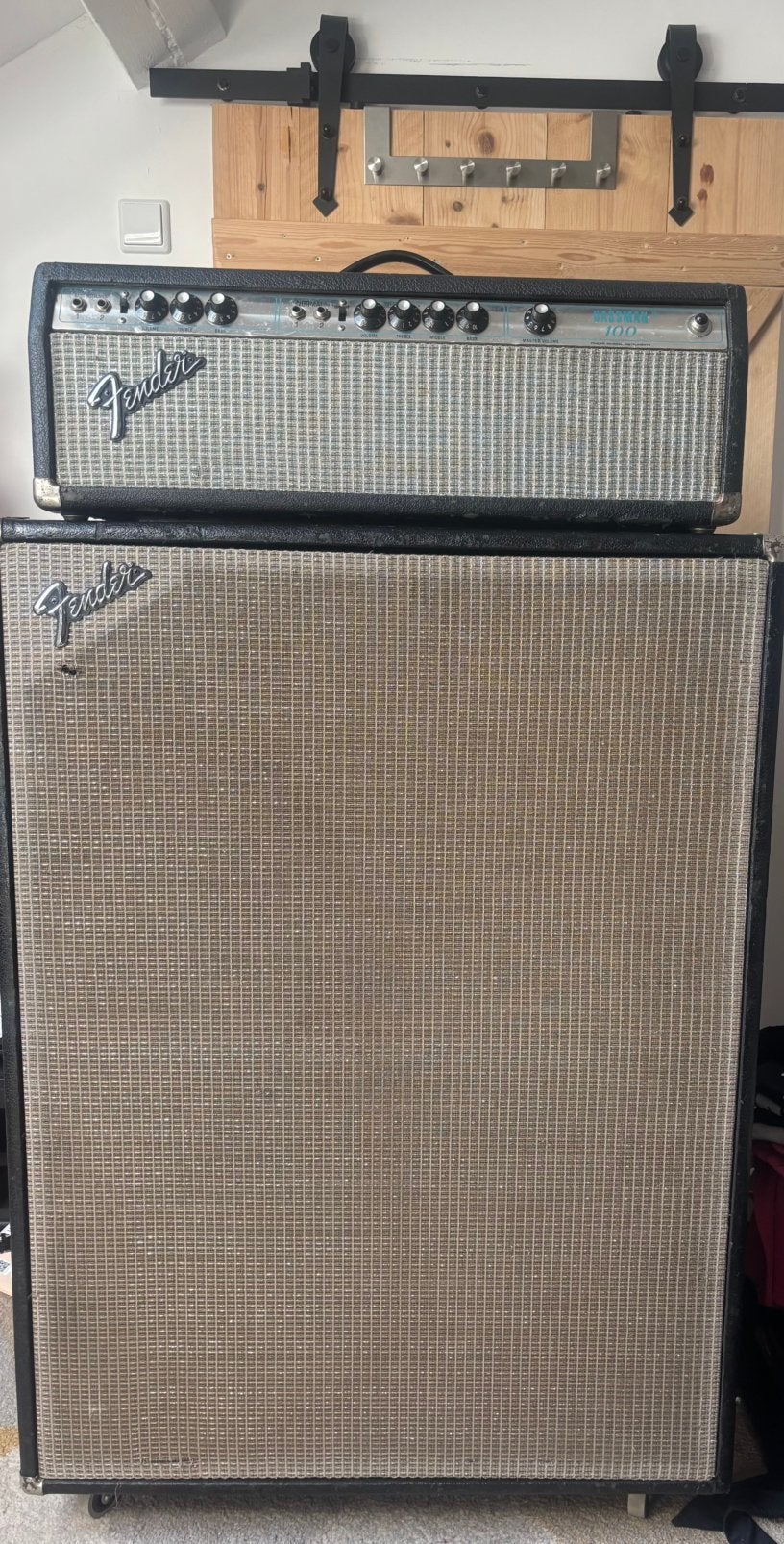 Vintage Fender Bassman 100 +Fender 4x12 kast – Silverface, Ophalen, Gebruikt, Gitaar, 100 watt of meer