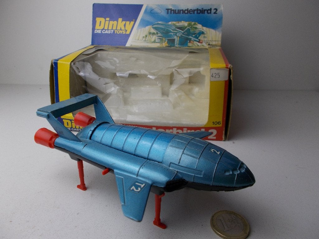1974 Dinky Toys 106 THUNDERBIRDS 2 (Blauwe versie!) + DOOS!, Hobby en Vrije tijd, Modelauto's | 1:43, Ophalen of Verzenden, Zo goed als nieuw