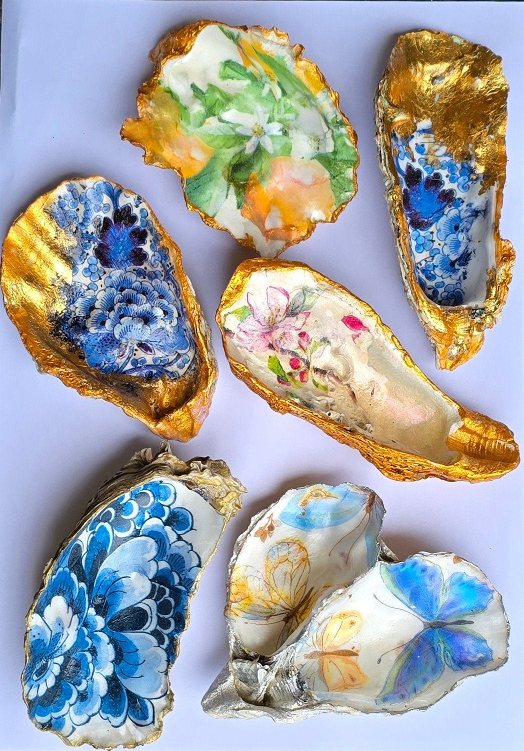Handversierde oesterschelpen - Unieke decoratie, Gebruikt, Meerkleurig, Overige stijlen, Ophalen of Verzenden