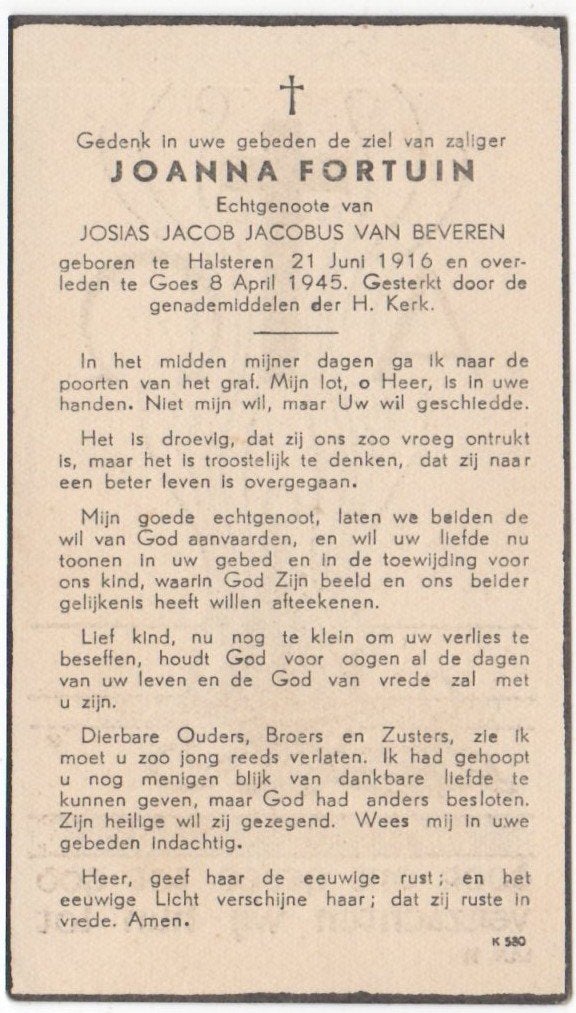 Joanna Fortuin 1916 Halsteren + 1945 Goes, 28 jaar oud, Ophalen of Verzenden