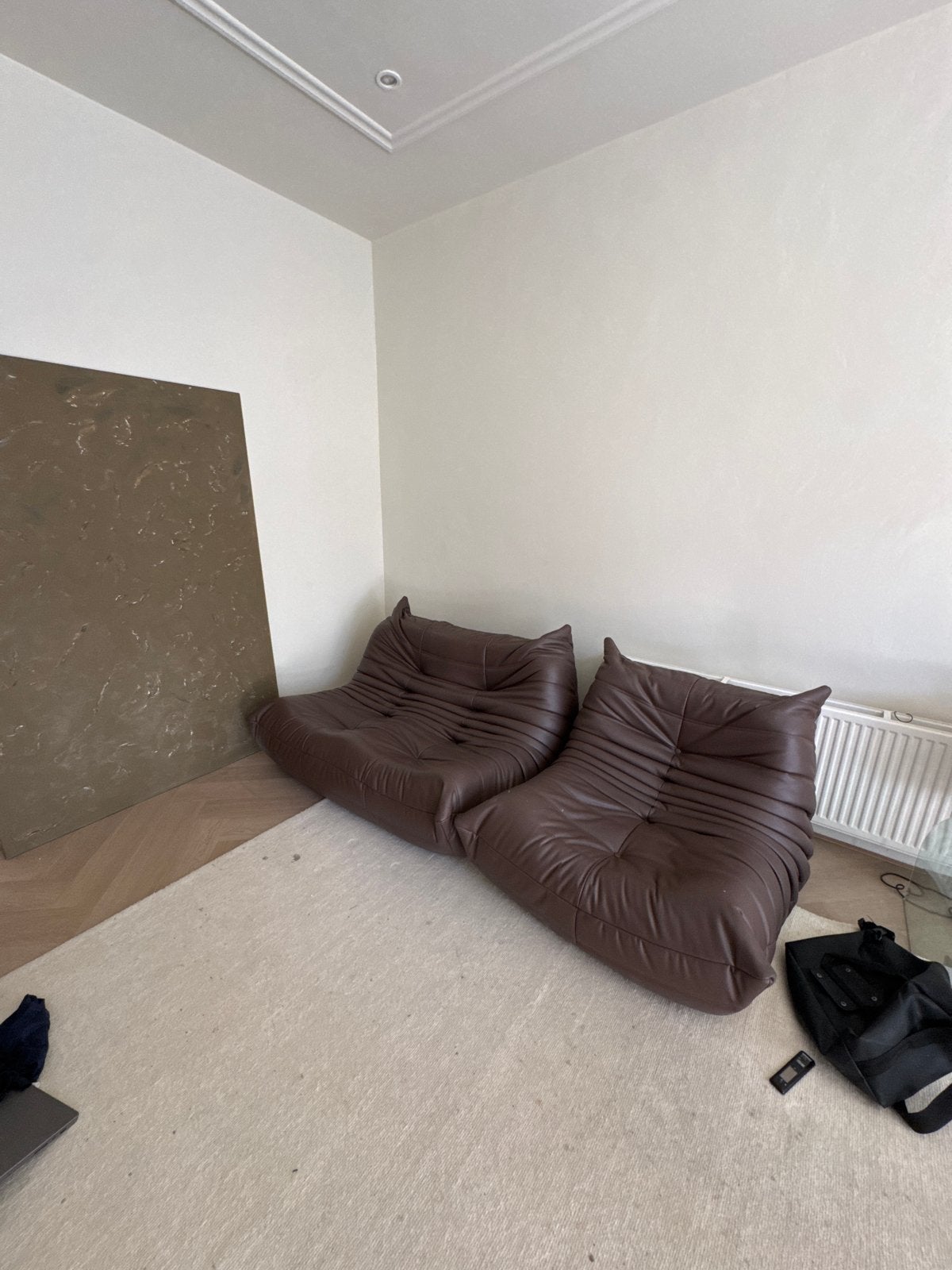 Togo stijl bankstel - 1 en 2 zits - Bruin, Huis en Inrichting, Ophalen, Overige materialen, Gebruikt, Driepersoons