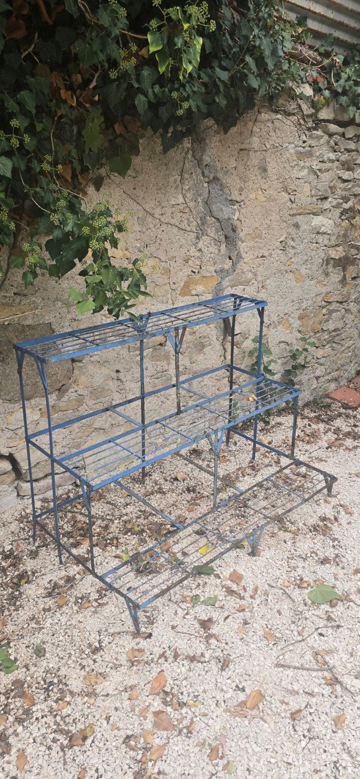 Oud blauw metalen tuin etagere plantentrap groot formaat, Ophalen of Verzenden