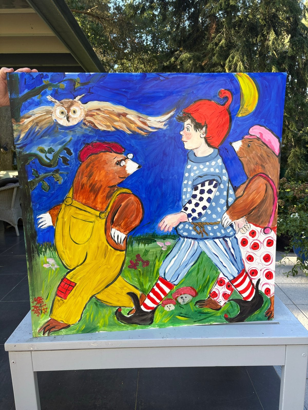 Handgeschilderd schilderij: Uil, Mol en Kabouter, Overige stijlen, Ophalen of Verzenden, Handgeschilderd, Overige onderwerpen