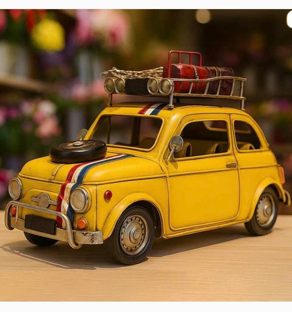 Retro Modelauto Fiat 500-look geel Vintage metalen XL auto, Hobby en Vrije tijd, Modelauto's | Overige schalen, Auto, Nieuw, Ophalen of Verzenden