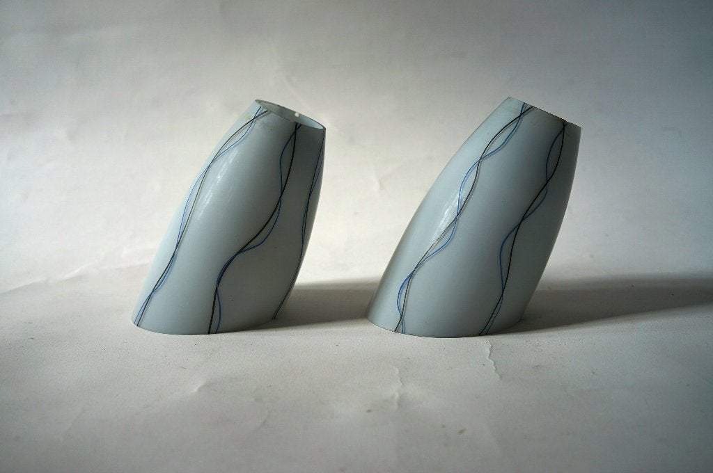 vintage duo 2x lampenkap schuin streep jaren 50 blauw glas, Gebruikt, Blauw, Ophalen of Verzenden, Glas