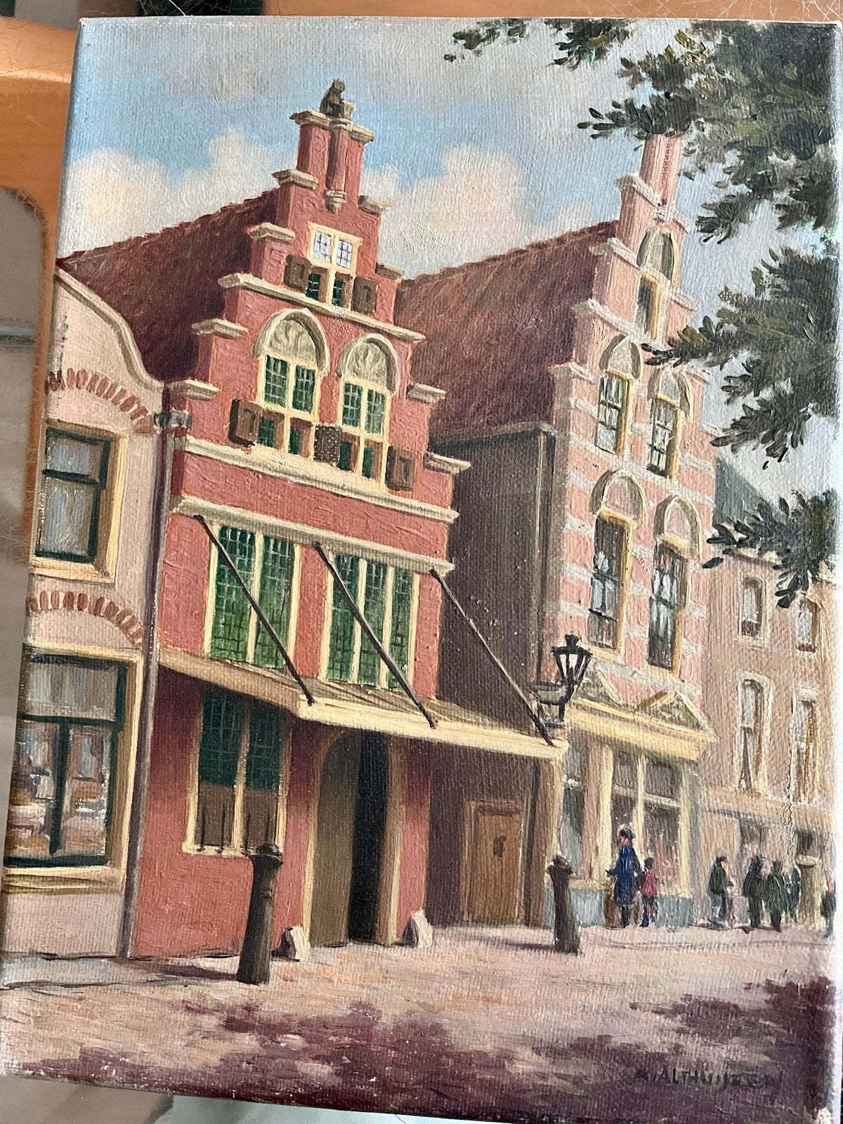 Stadsgezicht Oudewater door Antonie Althuijzer, juni 1951, Gedateerd, Doek, Realistisch, Ophalen of Verzenden