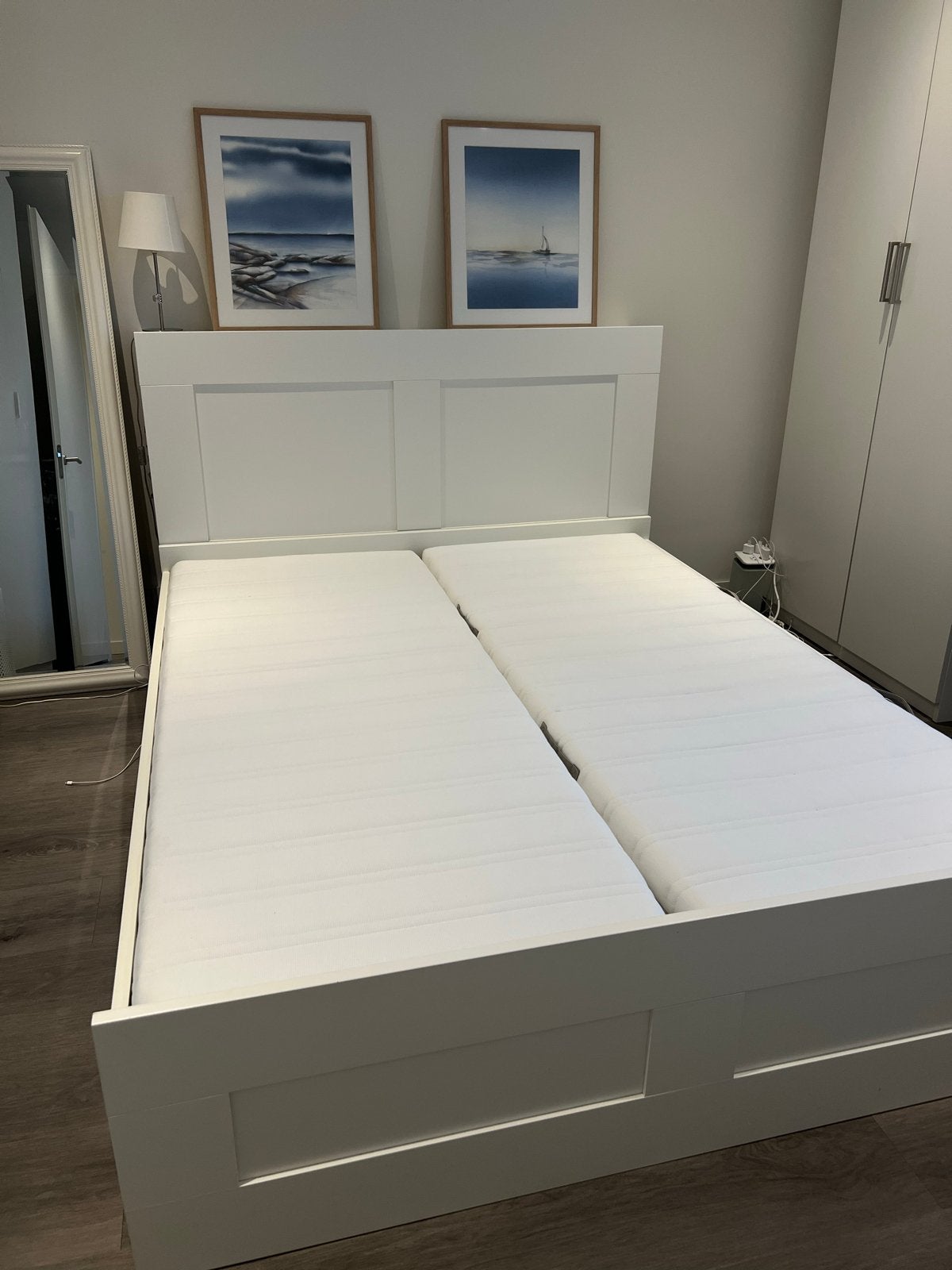 2-Persoonsbed 160x200 met IKEA Brimnes Hoofdbord + Matrassen, Ophalen, Gebruikt, Wit, Tweepersoons