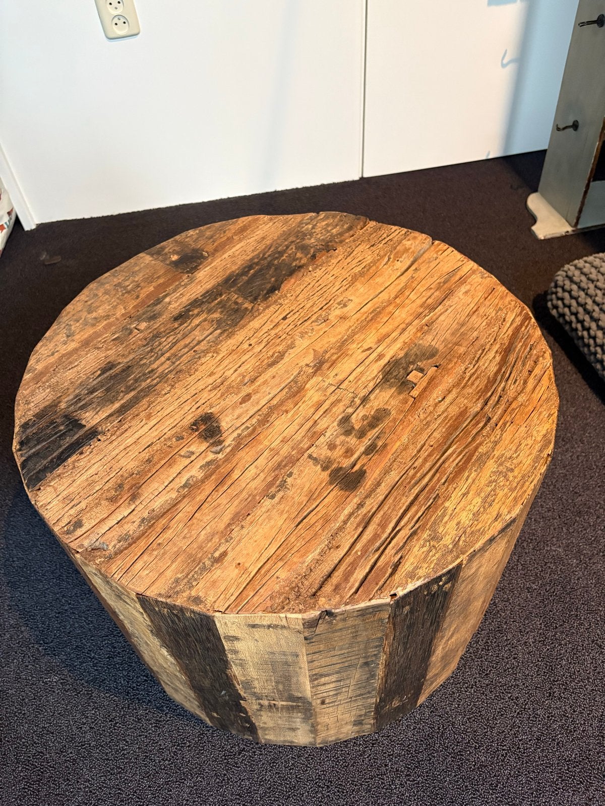 Houten boomstam tafel - binnen/buiten, rond (60x45cm), Huis en Inrichting, Tafels | Salontafels, Gebruikt, Rond, Landelijk, Minder dan 50 cm