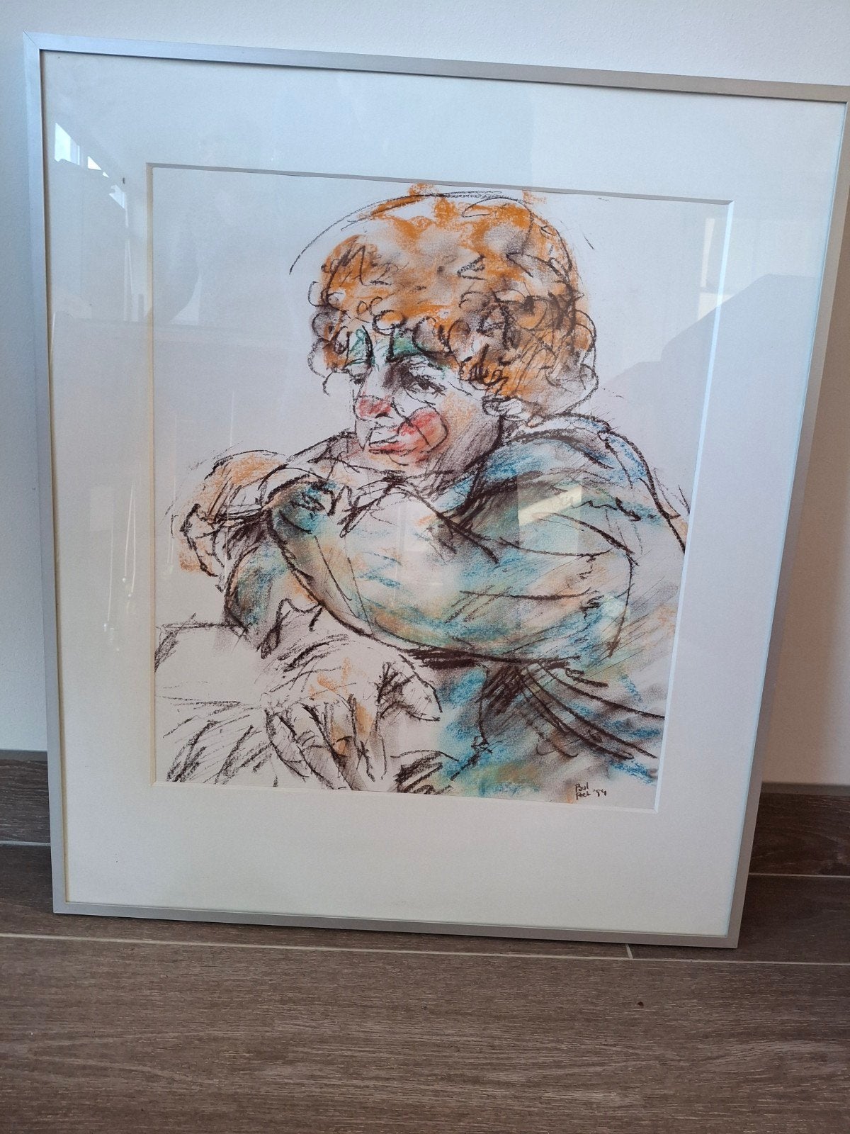 schilderij van clown, hoogte 71 cm, breedte 61 cm, Figuren, Aquarel, Hout, Gesigneerd