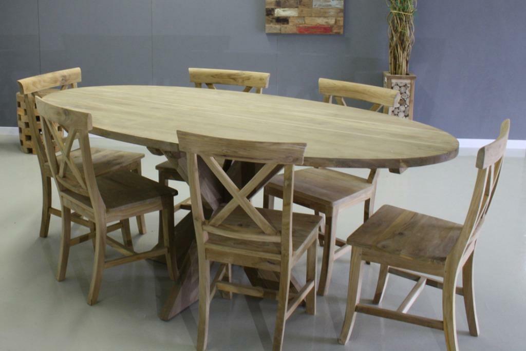 Ovale tafel van recycle teakhout met kruispoot * Indoteak, Ophalen, Tafel, Teakhout, Nieuw