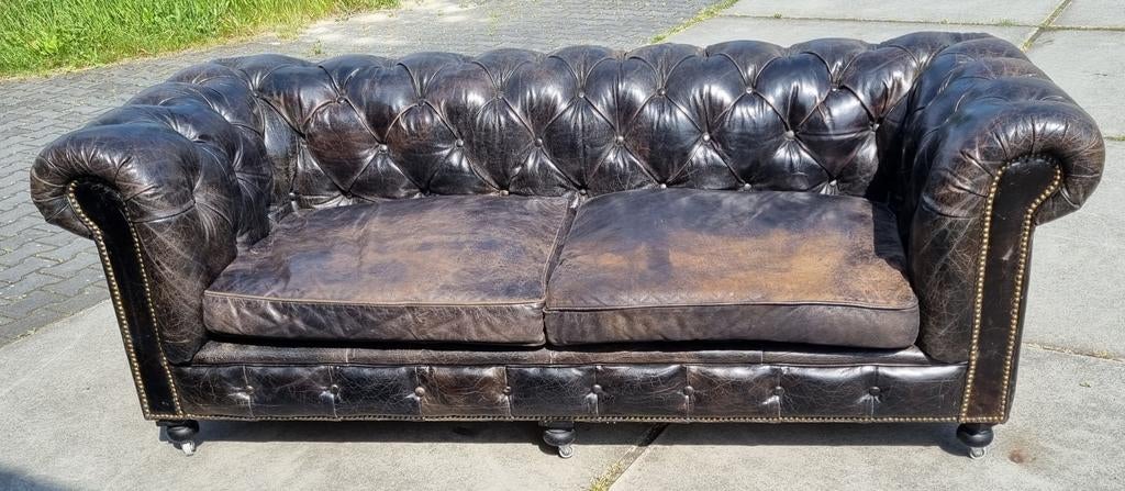 Chesterfield bank vintage bruin zwart leer BEZORGING GRATIS, Gebruikt, Chesterfield, Ophalen of Verzenden, Rechte bank