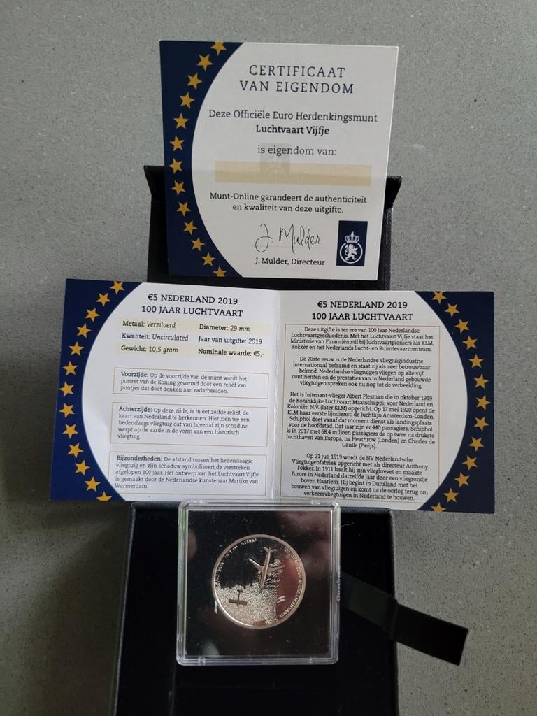Zilveren 5 Euro Nederland 2019 - 100 Jaar Luchtvaart, Ophalen of Verzenden, Koningin Beatrix, Euro's, Losse munt