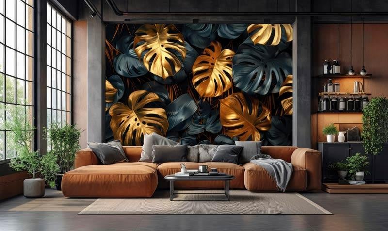 Fotobehang - Jungle - Monstera Bladeren in Groen  en Goud, Verzenden, Minder dan 10 m², Info@fotobehangkoning.nl, Jungle