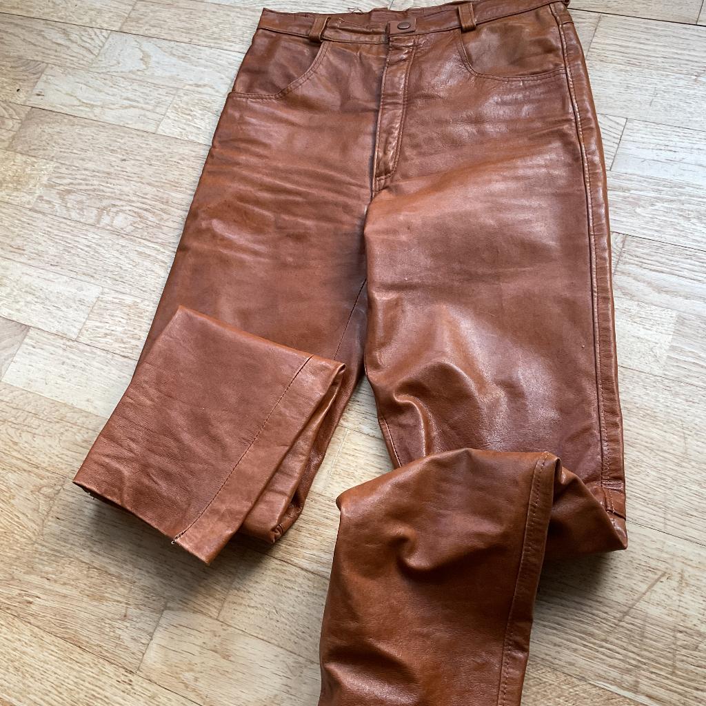 Bruine leren broek handgemaakt  tl72, hm 94 lengte 1.05 cm, Bruin, Ophalen of Verzenden, Handgemaakt, Maat 36 (S)