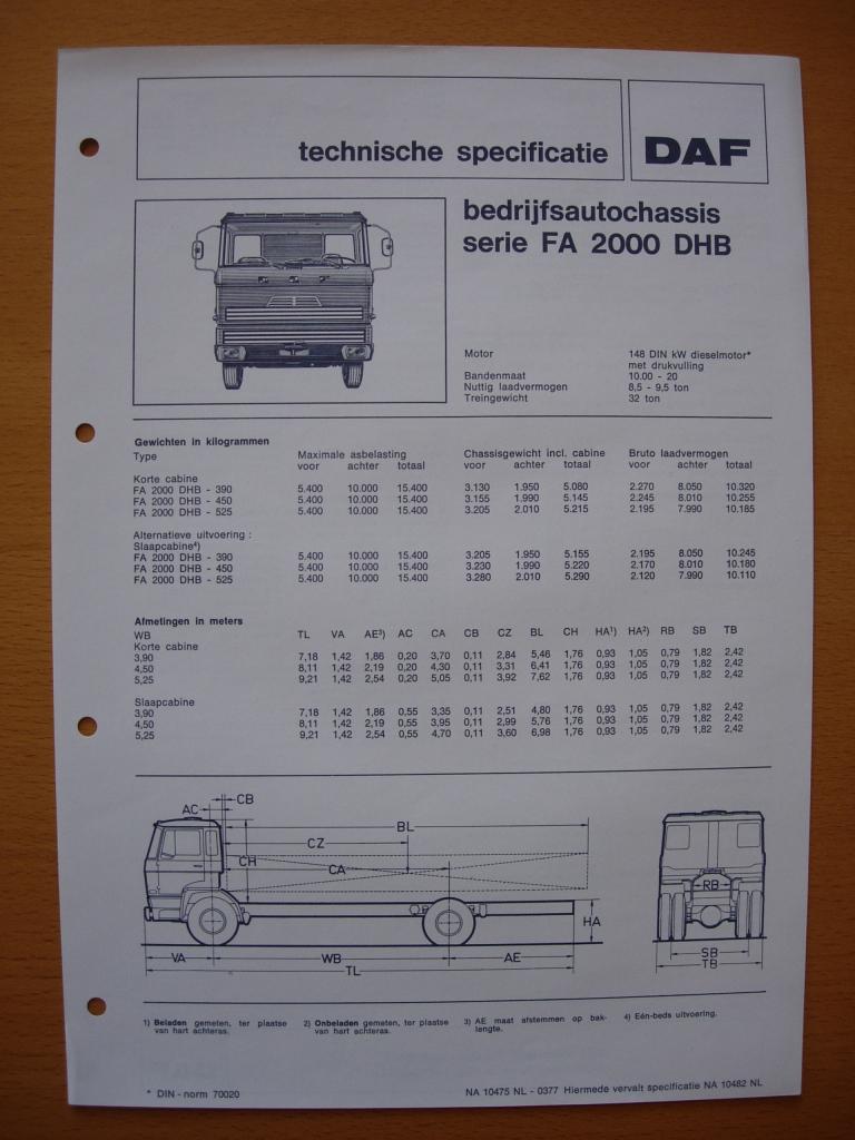 DAF FA 2000 DHB Technische Specificatie folder 1977 – 4x2, Ophalen of Verzenden, Zo goed als nieuw, Overige merken, DAF