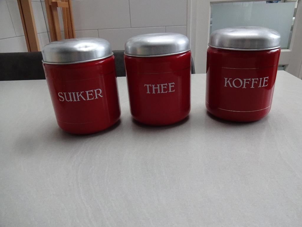 Emaille koffie,Thee,Suiker ] rood met gouden randje], Antiek en Kunst, Antiek | Emaille, Ophalen of Verzenden