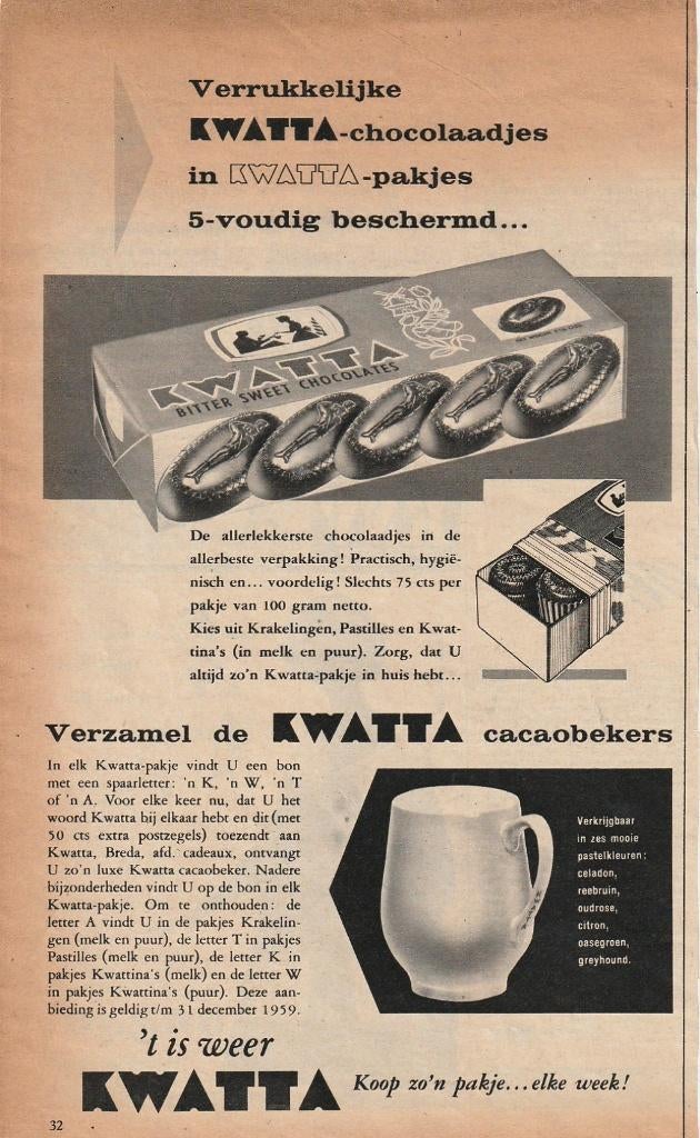Retro reclame 1960 Kwatta chocolade cacaobekers, Verzenden, Overige typen