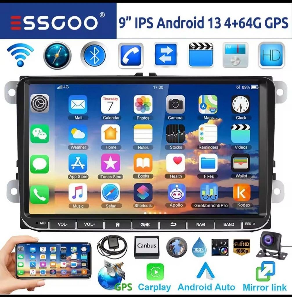 ESSGOO Nieuw Android 14 Autoradio voor VW Golf 5/6, Auto diversen, Autoradio's, Ophalen of Verzenden, Nieuw