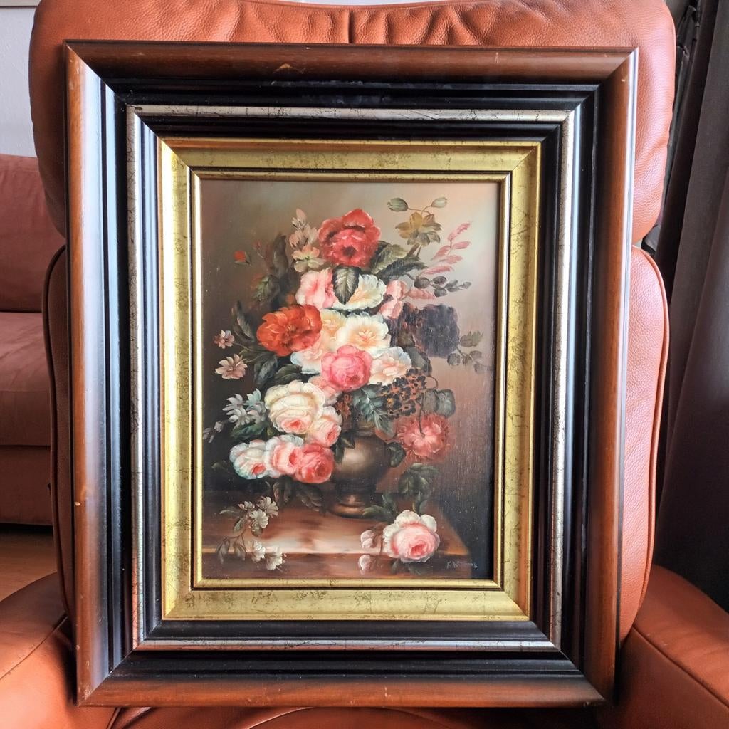 Klassiek stilleven met bloemen, olieverf op board, gesign., Ophalen of Verzenden