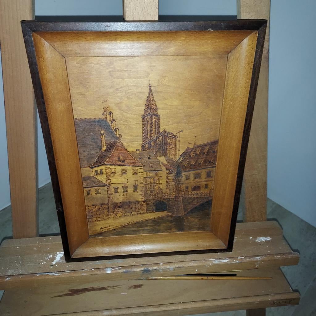 Houten schilderij met stadsgezicht, 41x31 cm Marqueterie, Ophalen of Verzenden