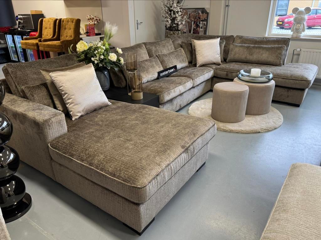 Luxe Velvet Teddy U-Bank Costa 195x370x250cm NIEUW Stone NEW, Huis en Inrichting, Banken | Bankstellen, Oosterbaan, Info@oosterbaanwonen.nl