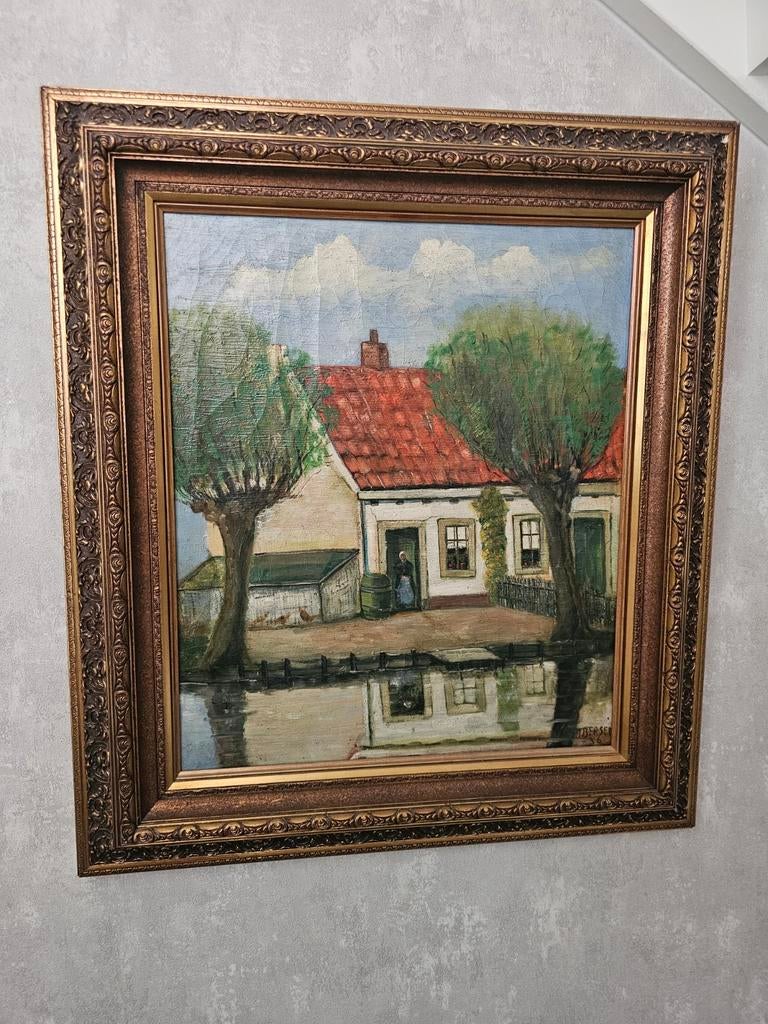 Oud schilderij van huisje aan het water, gesigneerd, Ophalen of Verzenden
