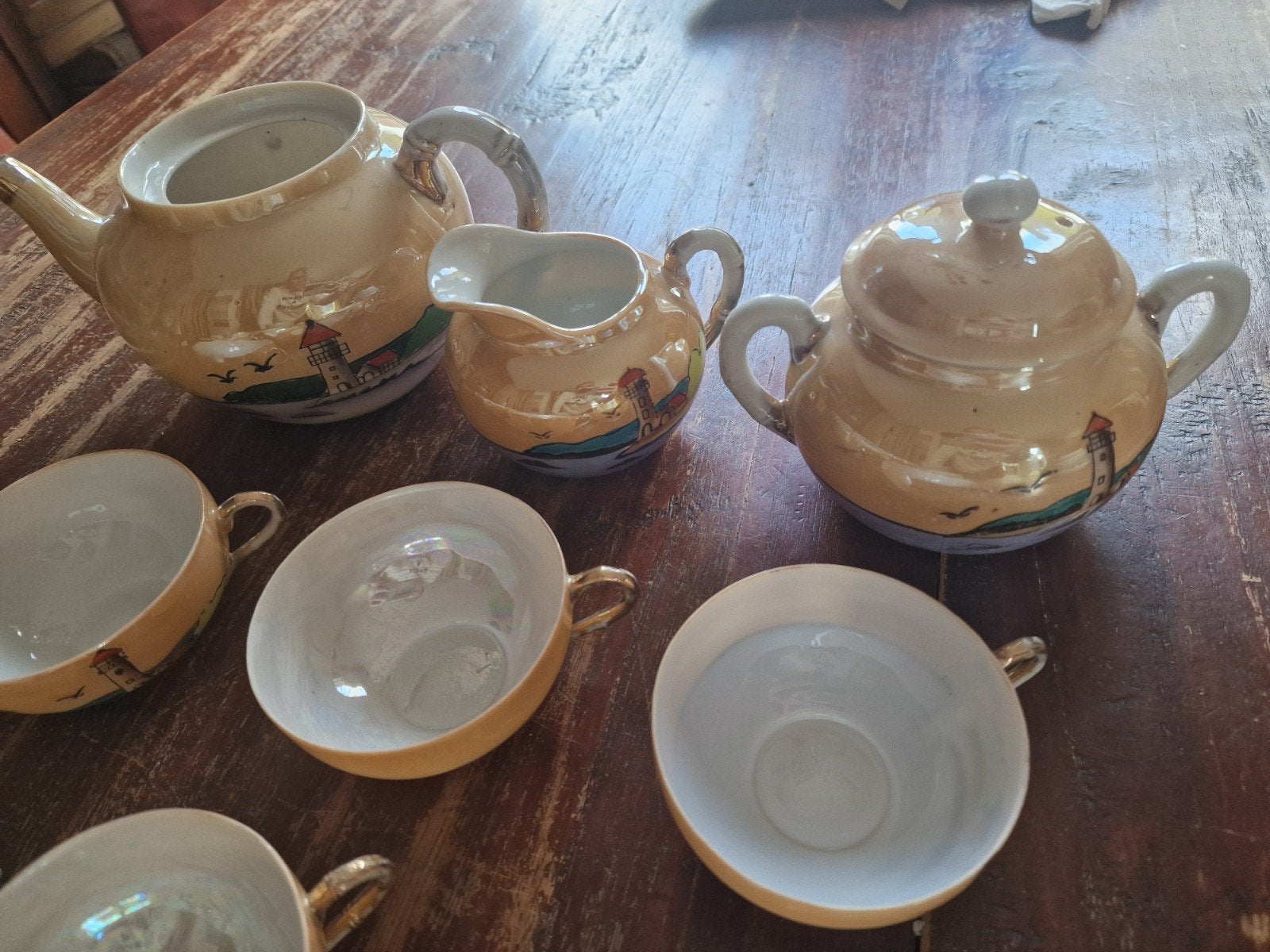 Vintage Chinees theeservies met vuurtoren decoratie, Ophalen of Verzenden