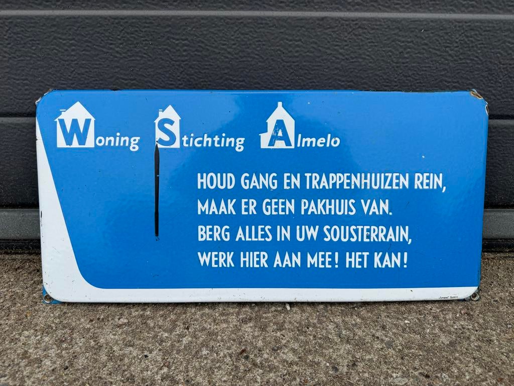 VERKOCHT!!! Emaille reclamebord Woning Stichting Almelo, Verzamelen, Ophalen of Verzenden, Reclamebord